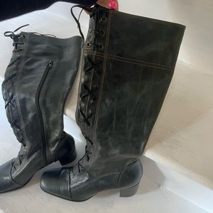 Green distressed leather dark green boots